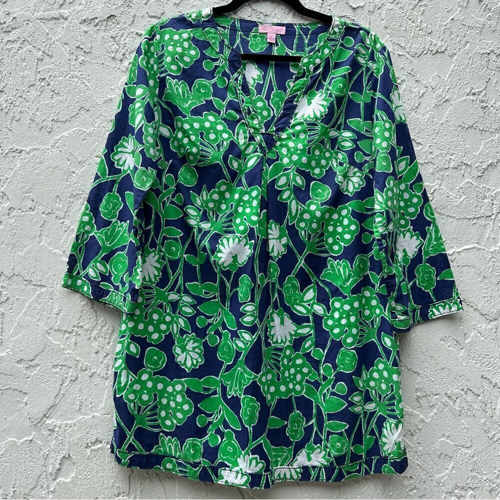 LILLY PULITZER Tunic Top Womens‎ Size Small Popover Floral Cotton Blue Green